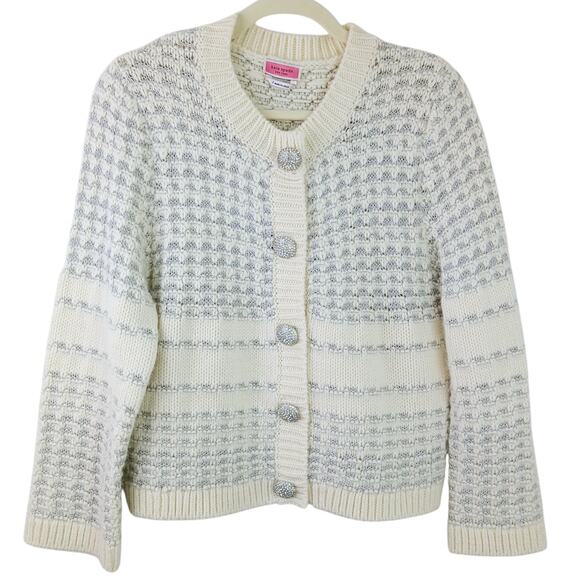 Kate Spade SZ L Jewel Button Textured Cream Silver Wool Alpaca Cardigan $328 - Picture 2 of 5